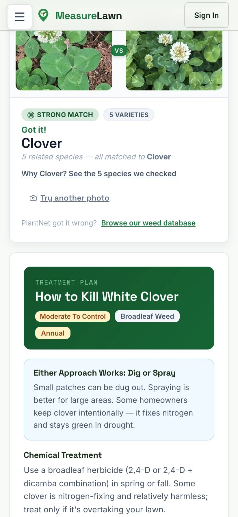The real MeasureLawn result screen: Got it — Clover, with the treatment plan