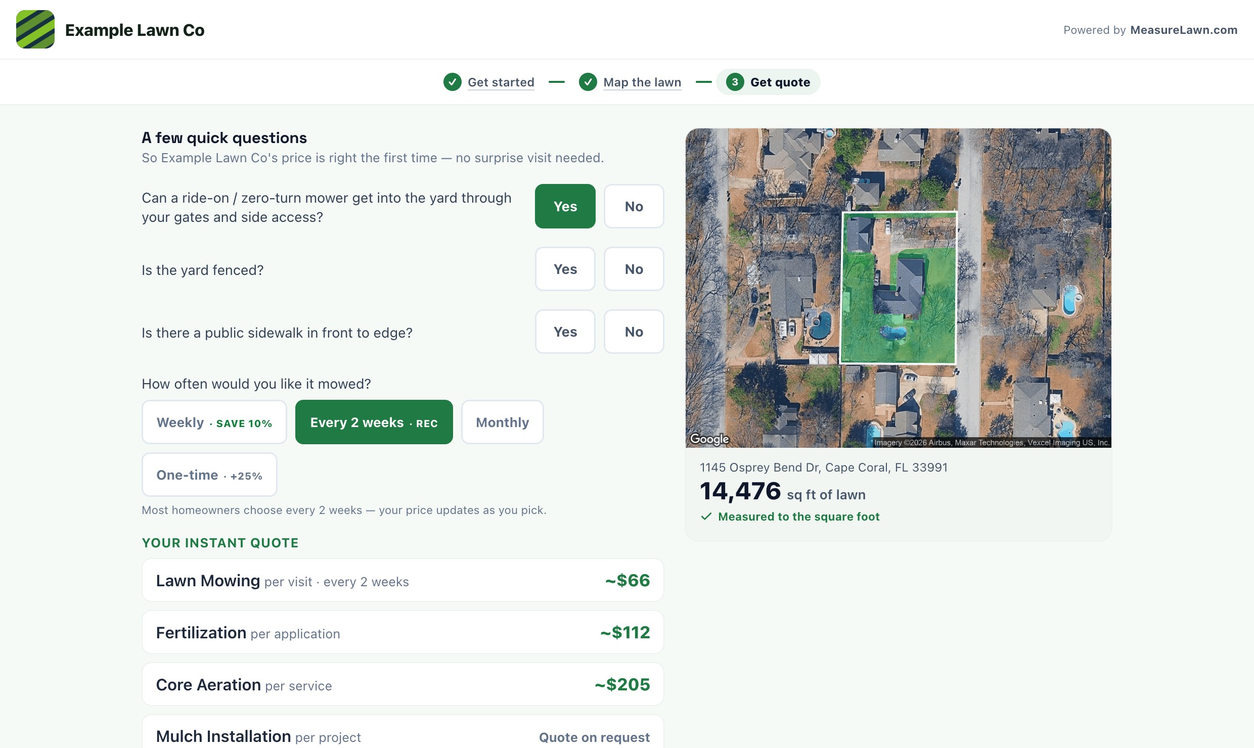 The actual customer instant-quote screen: measured lawn, schedule choices and service prices calculated from the company’s configured rates