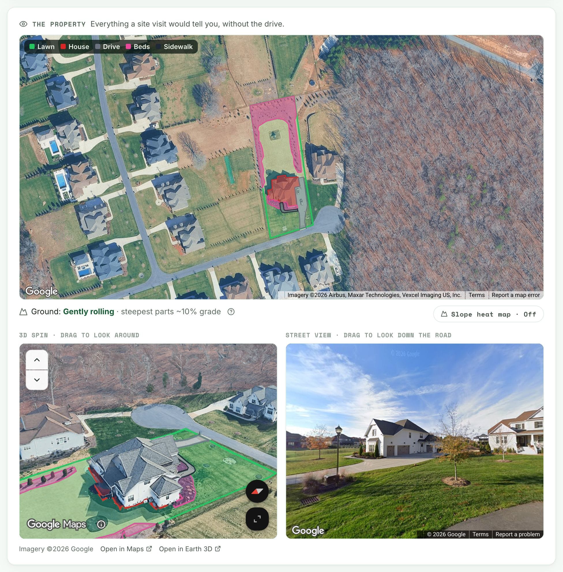 The property panel of the lawn demo: measured drawing, terrain, 3D and Street View