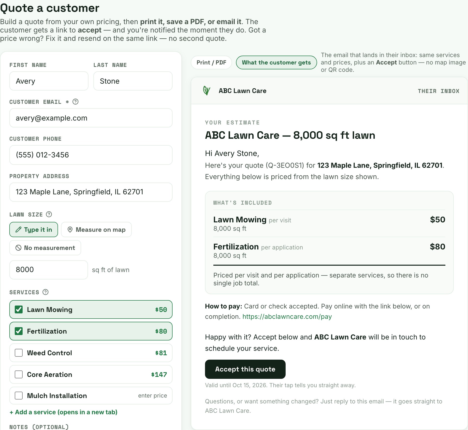 The actual lawn quote builder and customer preview, showing sample service lines and an accept button