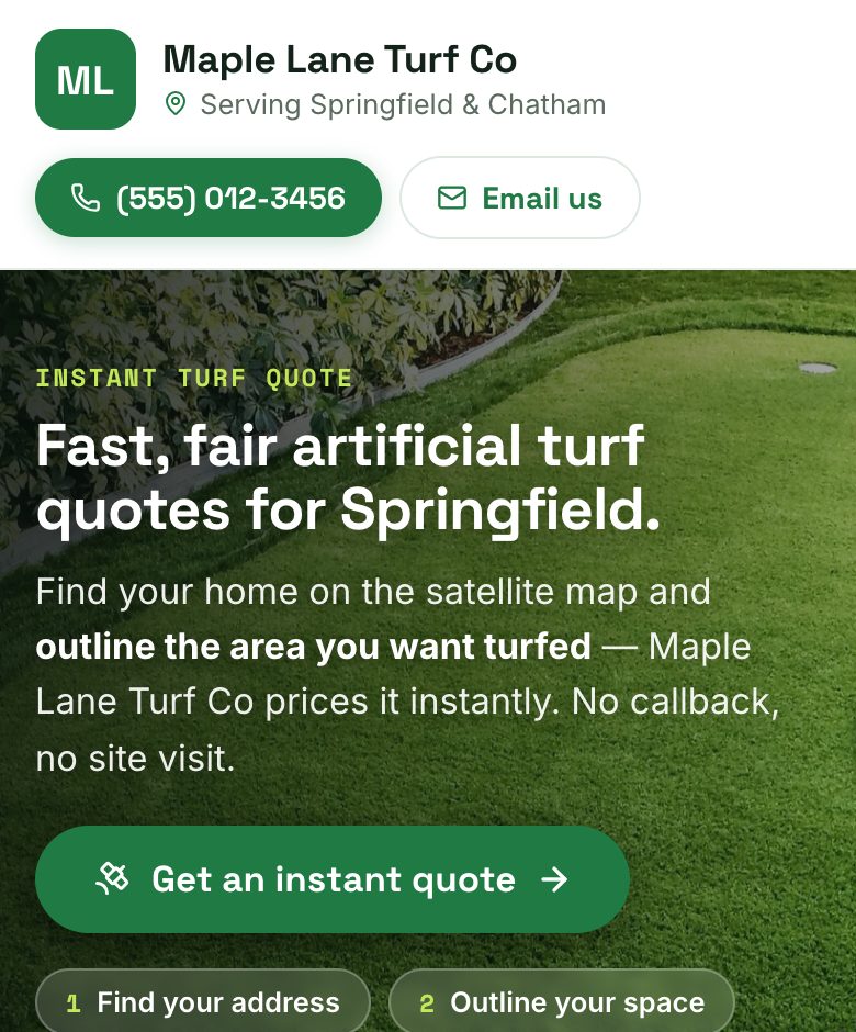 A sample installer’s hosted MeasureTurf page with its instant-quote button