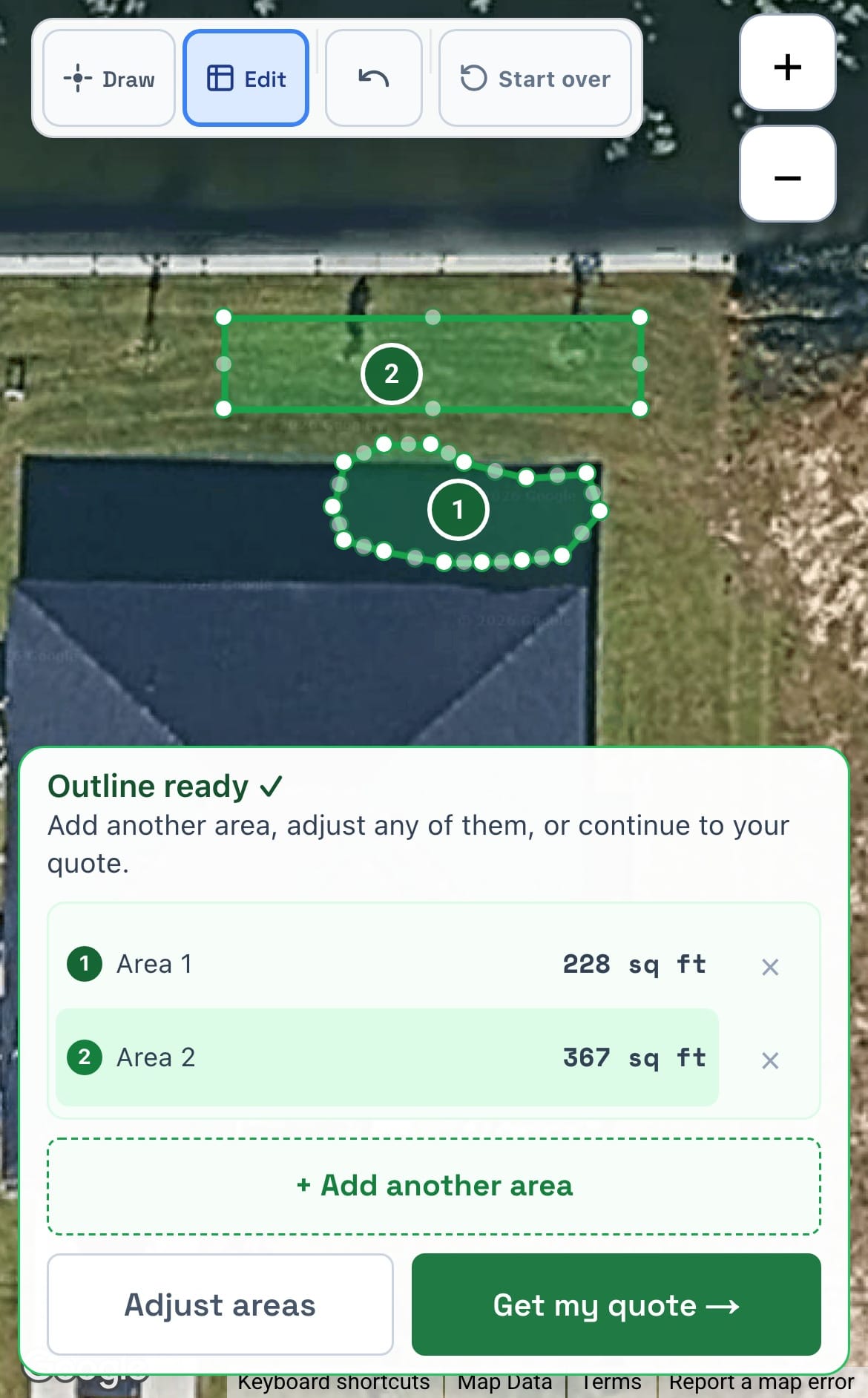 The actual Turf demo shows two separately outlined areas, their square footage, and the option to add another area before getting a quote