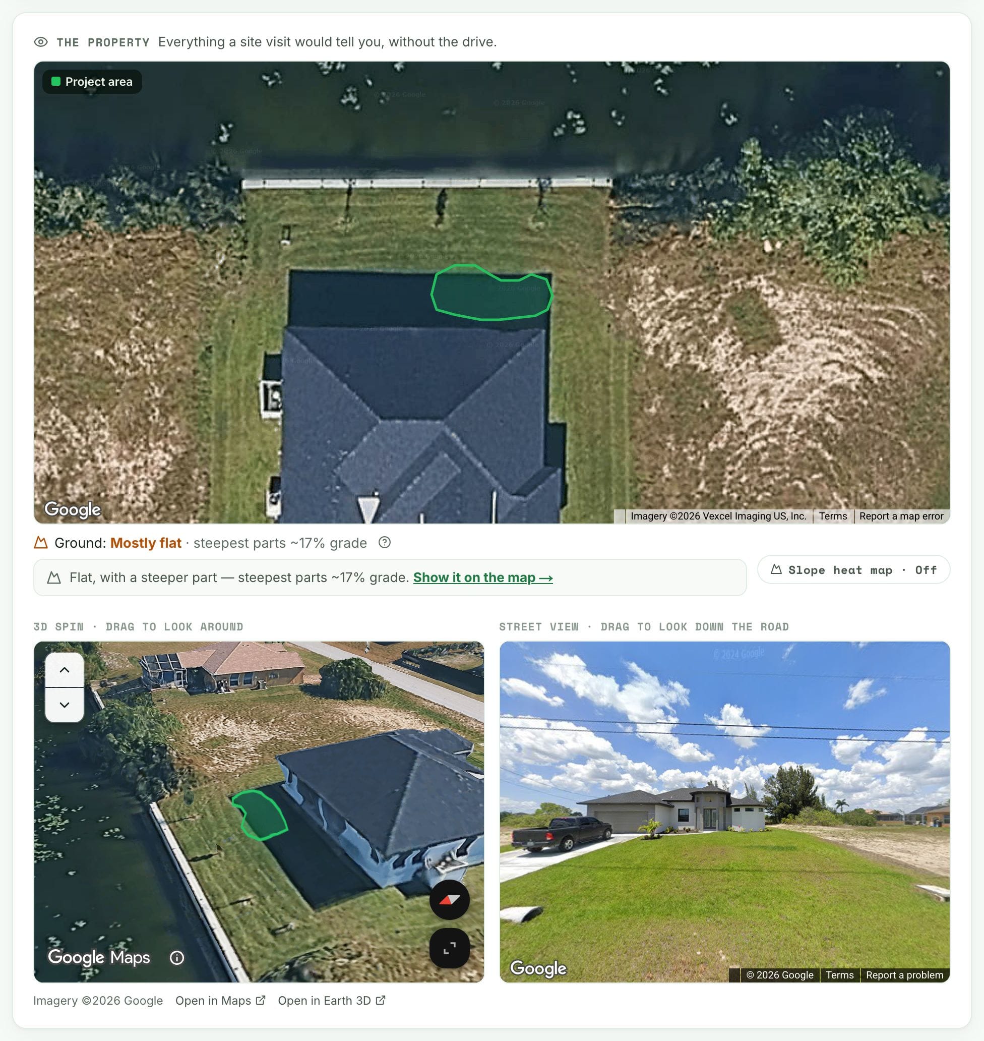 The actual Turf demo property panel with a project outline, terrain, 3D view and Street View with map attribution